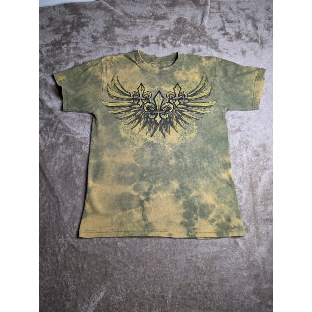 Destruction Garments Boys Green Acid Wash Fleur De Lis Wings Graphic T-Shirt M